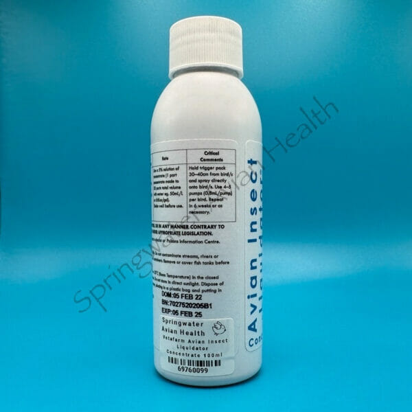 Avian Insect Liquidator Bottle directions label right side
