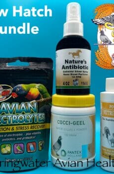 Zoo Med Avian Electrolytes, Pantex Cocci-geel, Healthline Nutrition Silver Spray and BoviDr Poultry NutriDrench products.